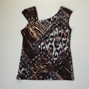 Animal print sleeveless asymmetrical neckline blouse